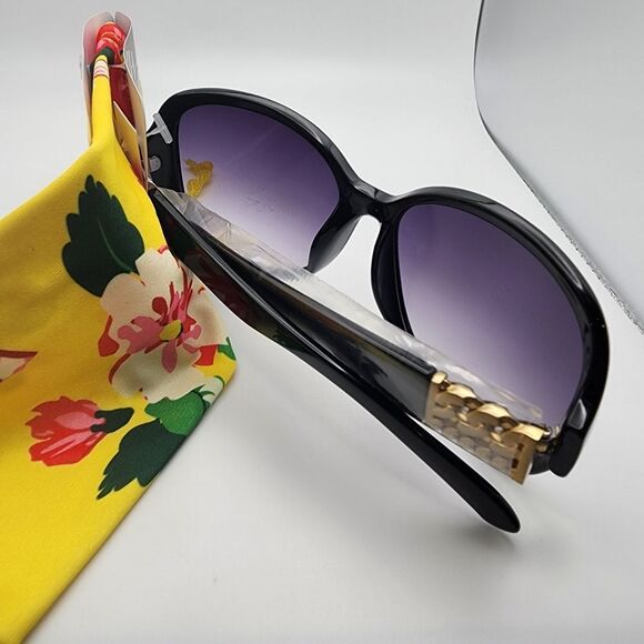 NWT Falls Creek Black & Gold Sunglasses & Yellow Floral Pouch - Picture 3 of 4
